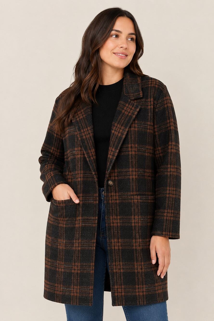 Thread & Supply Tullis Jacket 1X Black Copper Plaid Cashmere Blend Open Front
